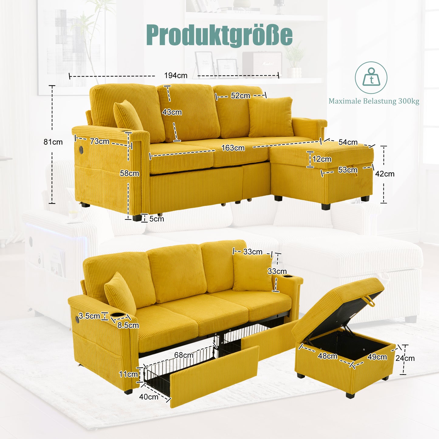High-quality Velvet Sofa With LED Lighting & USB-C Port, Including Storage Footboard, Practical Cup Holders And Side Pockets  Premium Quality For The Living Room, Bedroom Or Office.