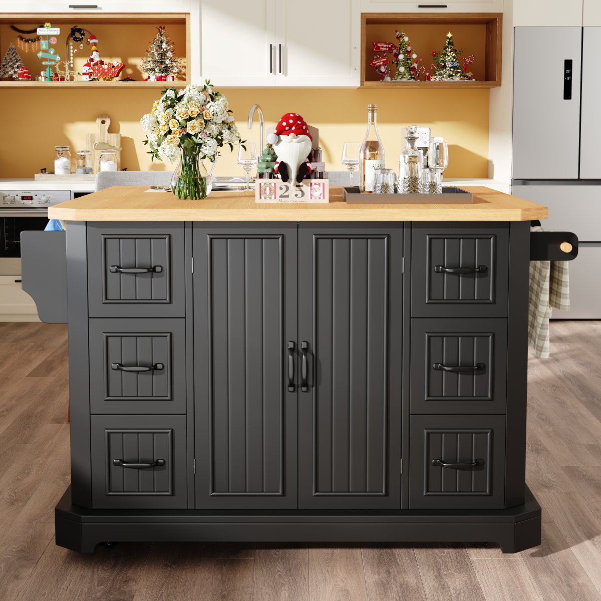 Mobile Kitchen Island Cart On Wheels - Cabinet With 2 Doors & 6 Drawers, Adjustable Width 45-75cm, White Black