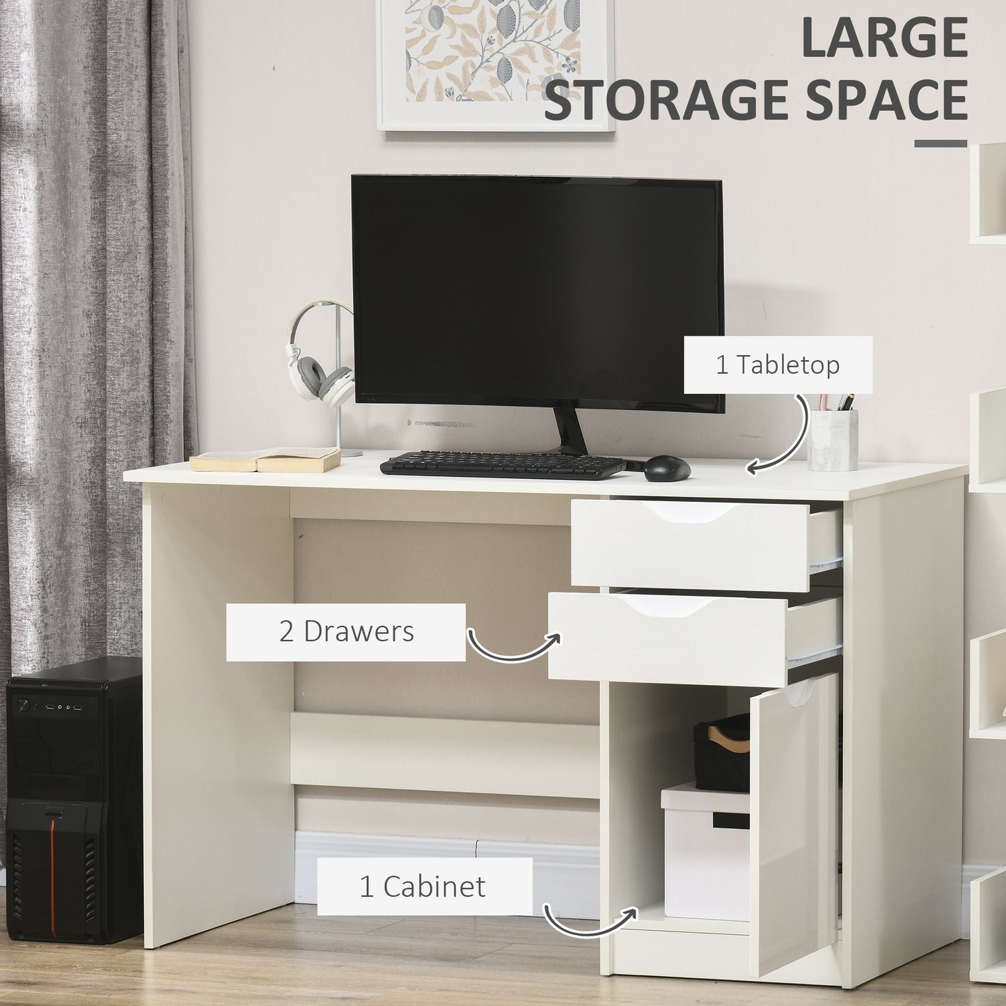 Computer Desk With Drawers, High Gloss Home Office Desk With Storage Cabinet, Study Workstation, 120 X 60cm, White