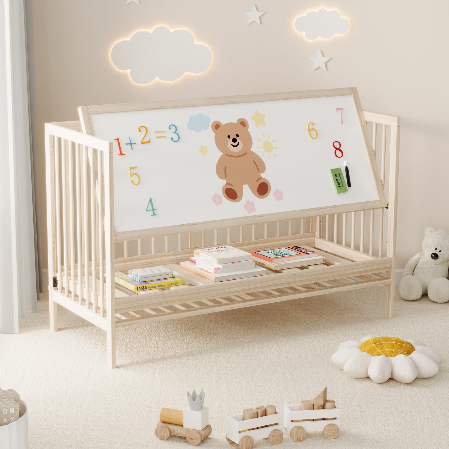 Wooden Baby Bed, Multifunctional Baby Bed, Convertible Into Side Bed  Painter's Board Stand   Desk, Height Adjustable, Without Mattress, Made Of Spruce, Natural Color, 140x60x90cm
