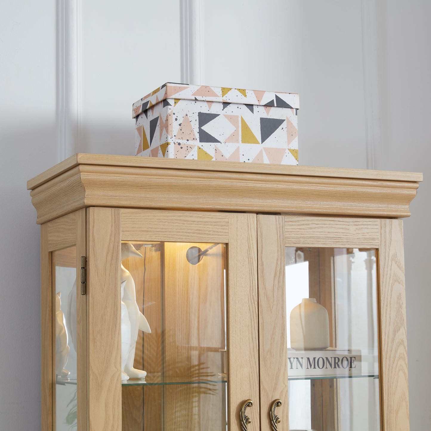 Lighted Glass Curio Display Cabinet,Display Cabinet,Glass Storage Cabinet Glass Wine Cabinet Wood Frame Toy Display For Living Room, Kitchen, Pantry Light Bulb Included Light Oak