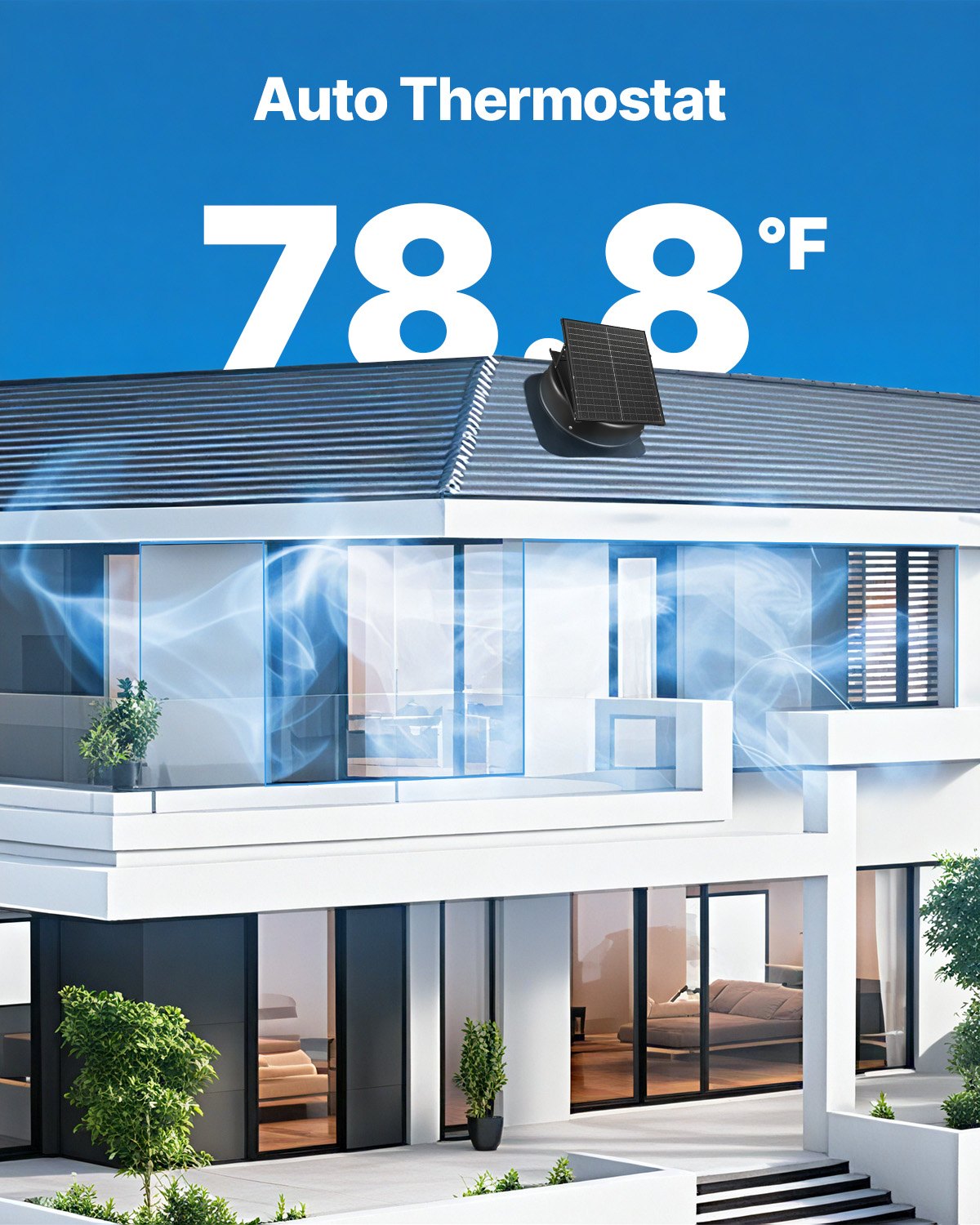 Roof Attic Exhaust Fan, 35W Smart Solar Roof Ventilation Fan Auto Temperature Control, 2400 CFM Airflow Built-in Brushless DC Motor For Cooling And Dehumidification, No Remote
