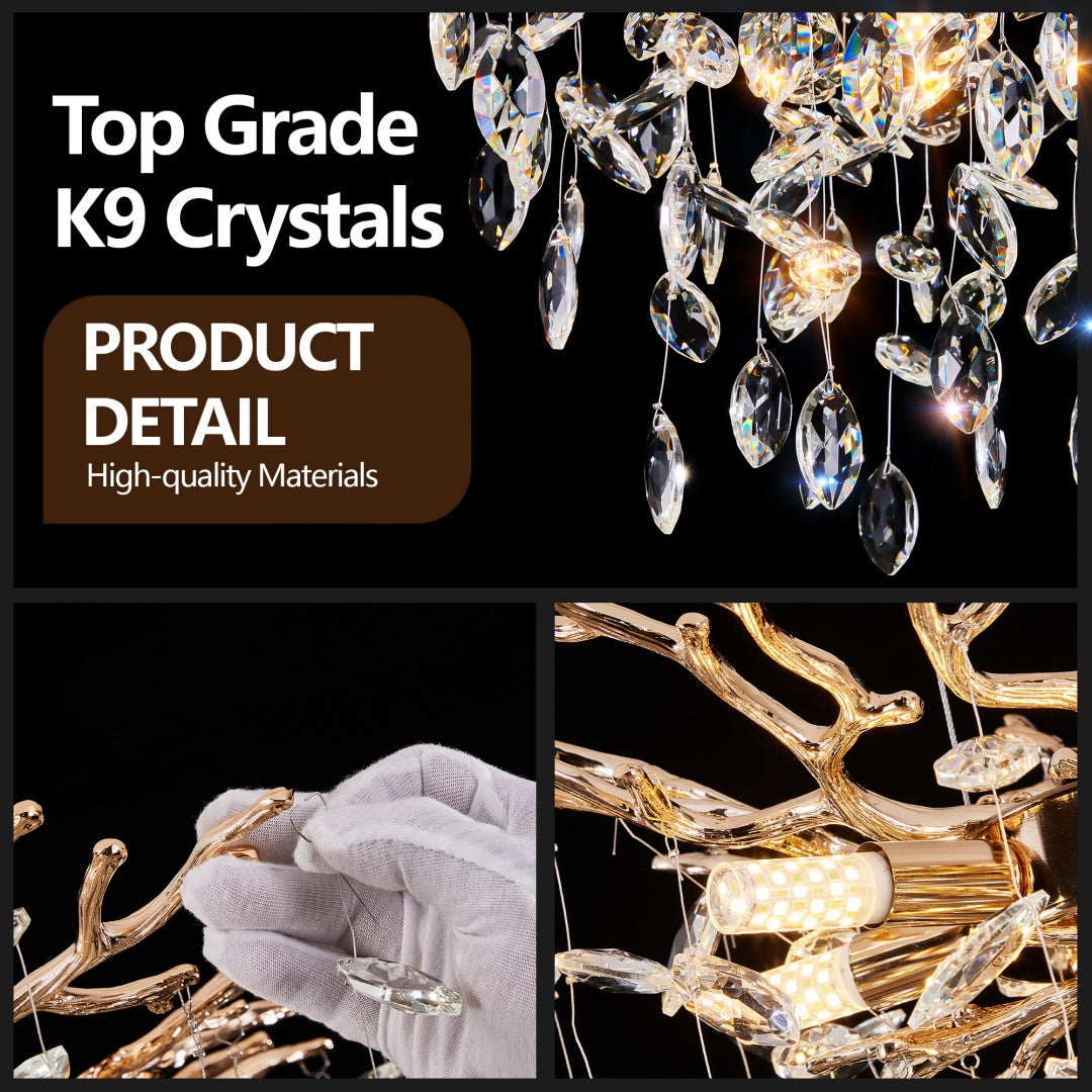 Modern Tree Branch Crystal Chandelier Luxury Gold Crystal Pendant Lighting 23.6in Contemporary 6-Light Chandeliers For Dining Room Kitchen Bedroom Living Room Bulb Is Not Including