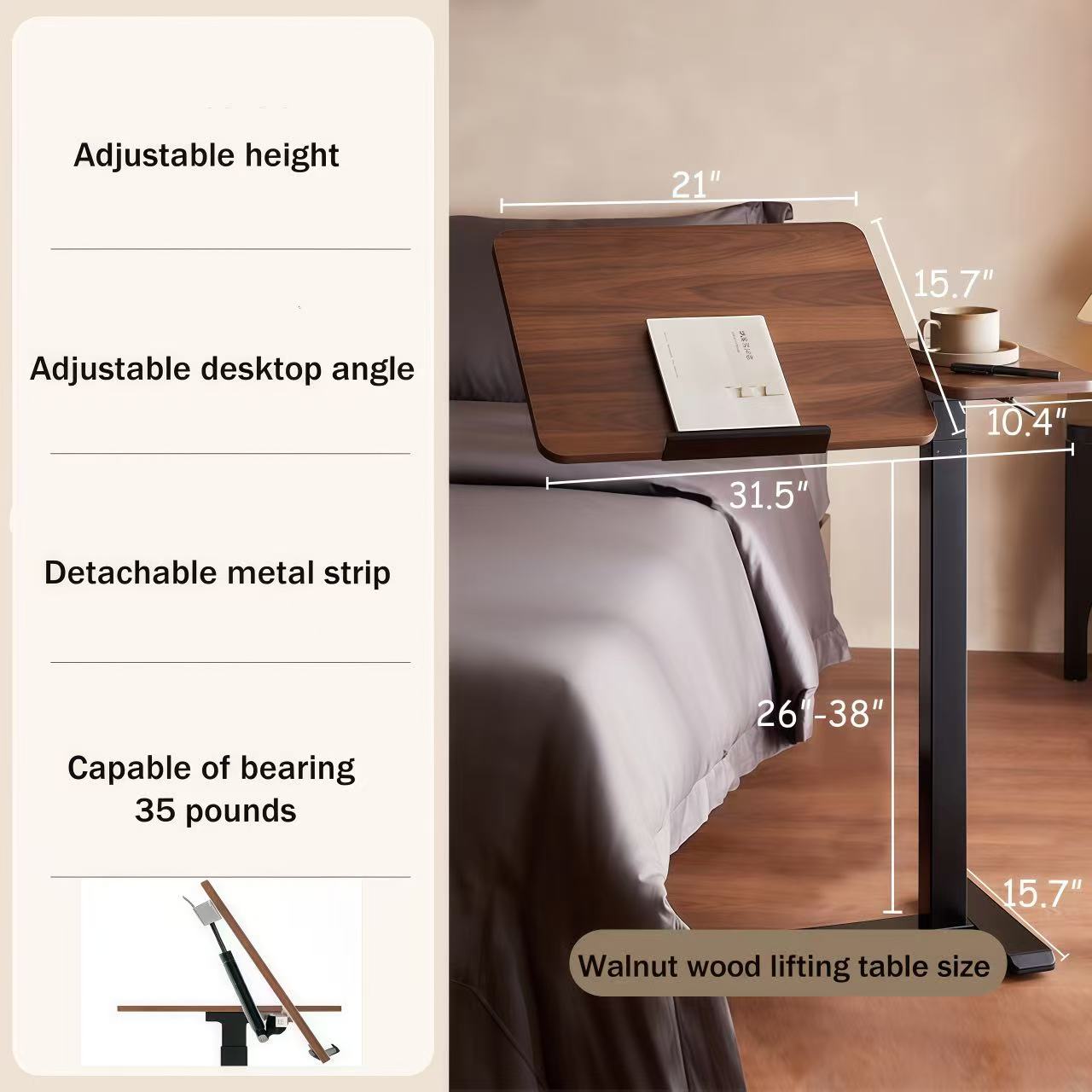 UPGRADED Overbed Bedside Desk, Mobile Rolling Laptop Stand Tilting Overbed Table With Wheels, Height Adjustable Tray Bedside Table For Laptop Bed Sofa, WALNUT