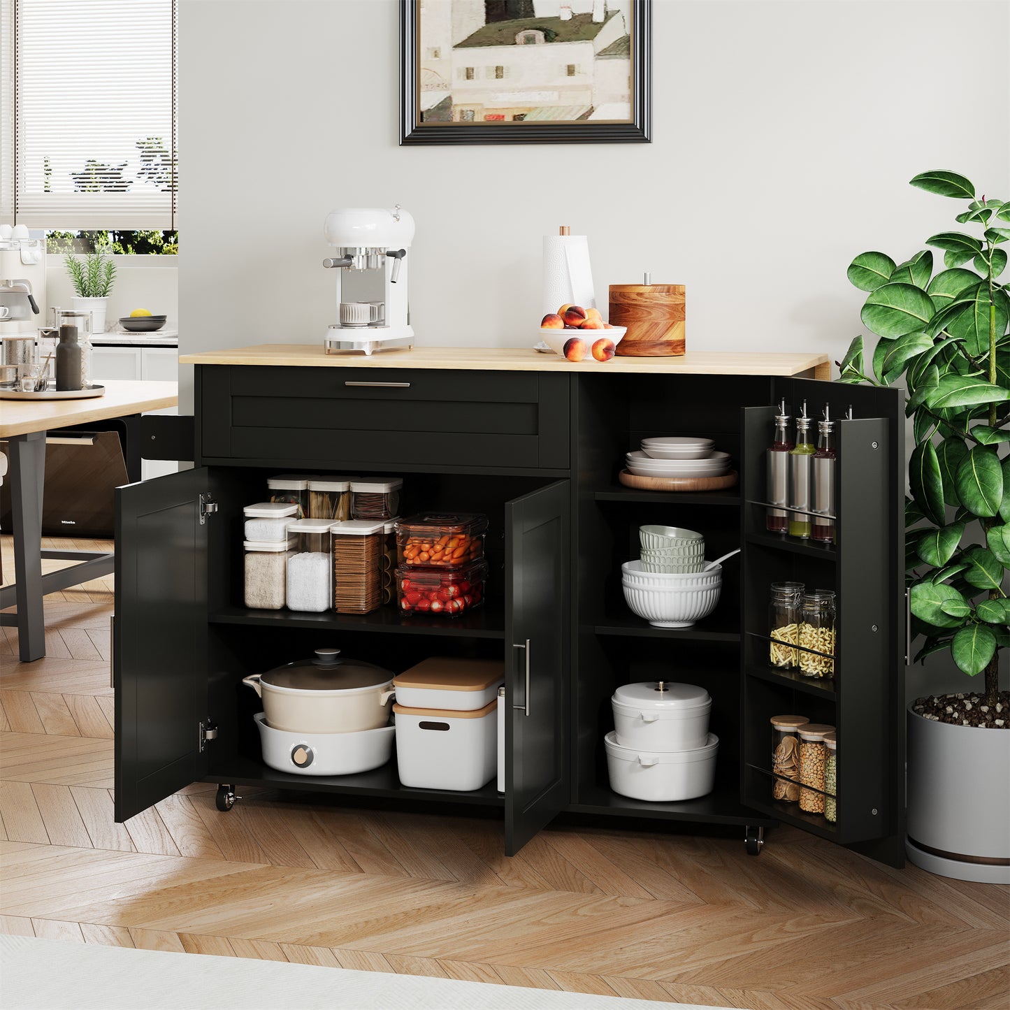 L132.5xW44-70xH90cm Large Mobile Kitchen Table, Foldable Countertop, Oak Grain, Multifunctional Cabinet, Spice Rack, Towel Rack, 5 Wheels, Suitable For Kitchen Dining Home
