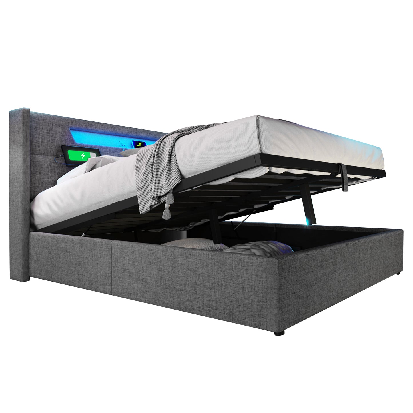 Upholstered Bed LED Double Bed With USB Type C Charging Function And LED Lighting,Storage Beds Bed Frame Made Of Linen Material Youth Bed 160x200 With Slatted Base  Without Mattress