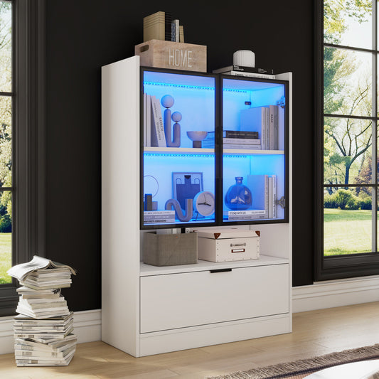 Modern LED Display Cabinet Matt Height 120cm With LED Lighting, Glass Display Cabinet Standing Display Case With Lighting, Living Room Cabinet With Glass Doors And Hinged Door, Particleboard Display C