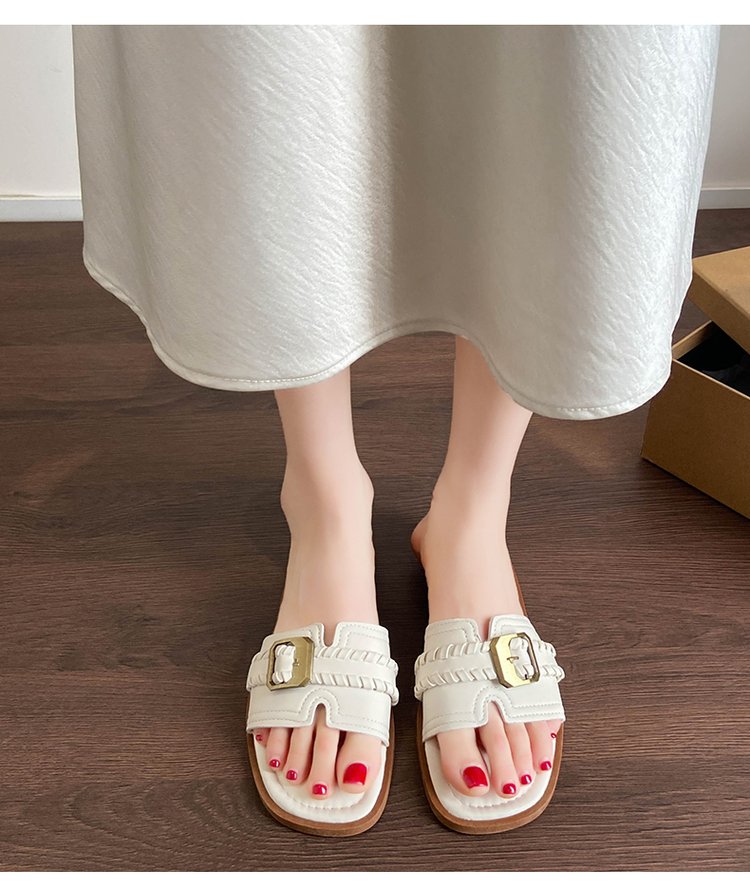 Square Woven Flat Bottomed One-piece Slippers For Women's Summer Outdoor Wear, Beach Vacation Beach Shoes, Retro Style Versatile Slippers