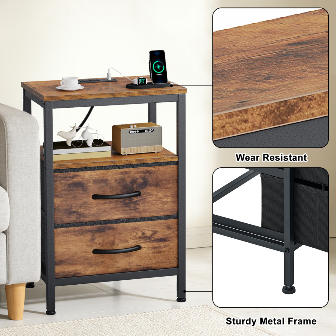 A Small Bedside Table With A Charging Station And Two Fabric Drawers, And A Side Bedside Table