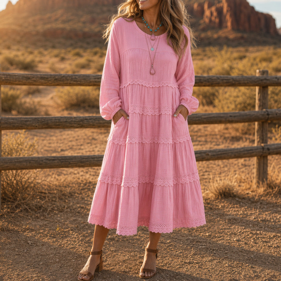 New European And American-style Solid-color Plus-size Long-sleeve Loose-fitting Dress