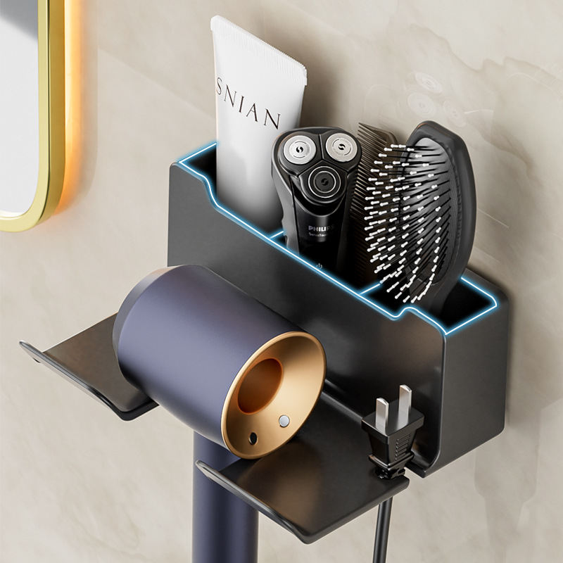 Hair Dryer Rack, Multi-functional Wall-mounted Hair Dryer For Bathroom Without Drilling