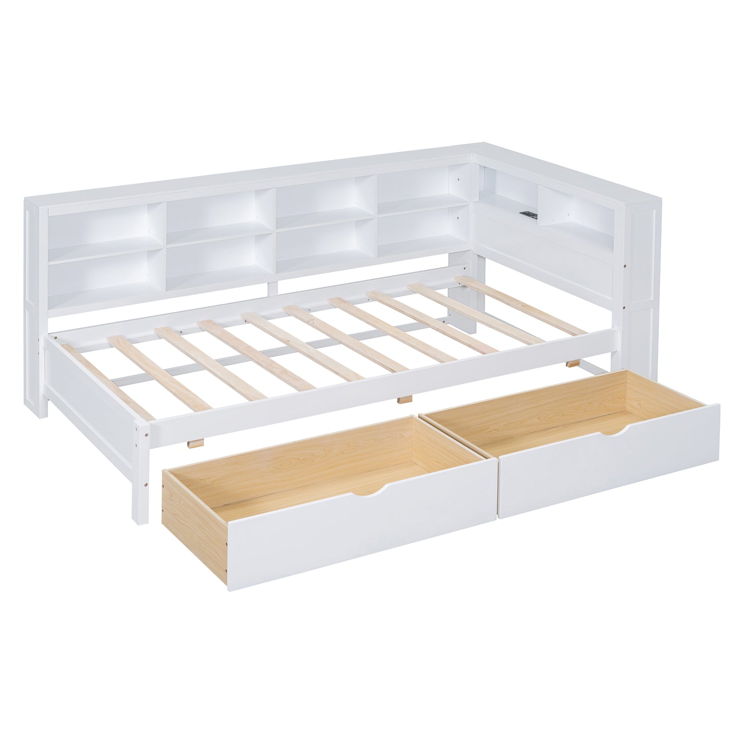 Wooden Twin Size DayBed With 2 Drawers, DayBed With Storage Shelf And USB Charging Ports,White OLD