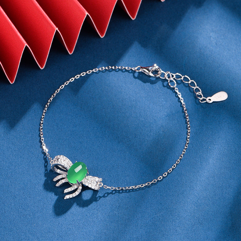 S925 Sterling Silver Bowknot Bracelet, 8x6mm Cabochon Green Chrysoprase, Platinum Plated 2.5g, 19cm Link Chain, Elegant Women's Jewelry With Gift Box
