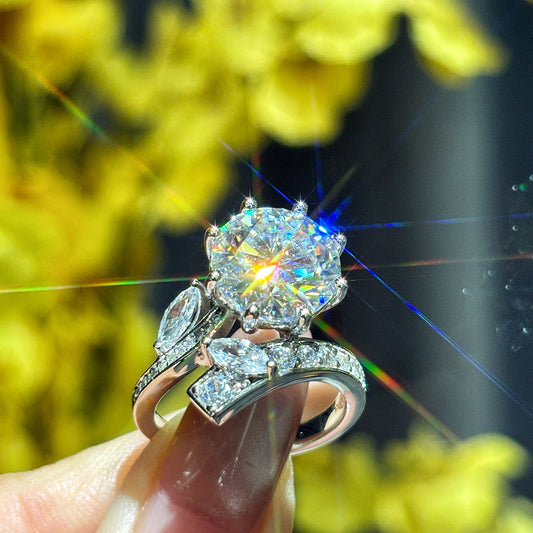 Women Round Clear Cubic Zirconia Engagement Ring, Six Prong Main Stone Marquise Accent Full Paved CZ Split Band, European American Premium Wedding Finger Jewelry