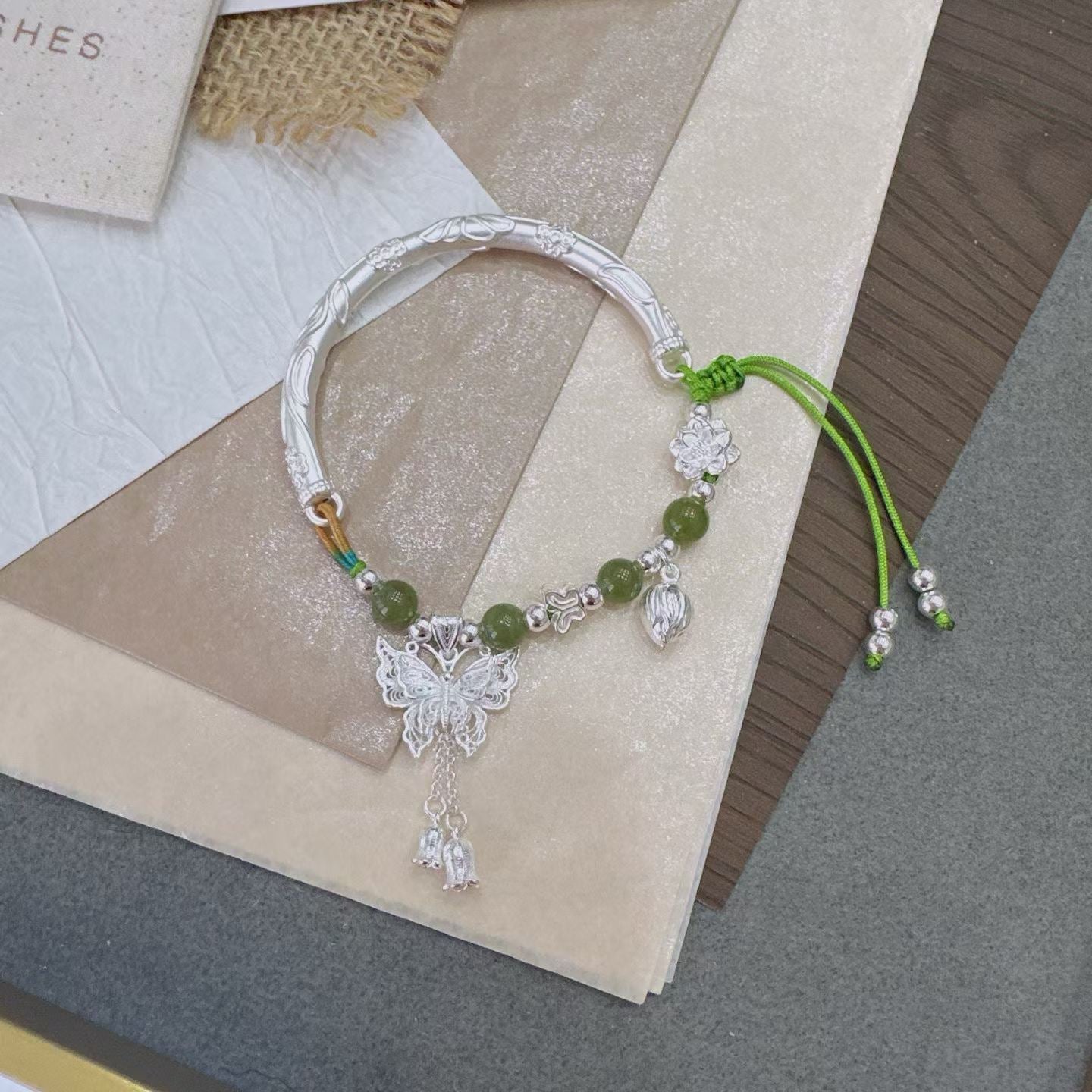 1pcs 999 Sterling Silver Half Bangle Butterfly Tassel Hetian Jade Bead Braided Bracelet, Elegant Chinese Style, For Women Hanfu Daily Wear & Anniversary Birthday Gift