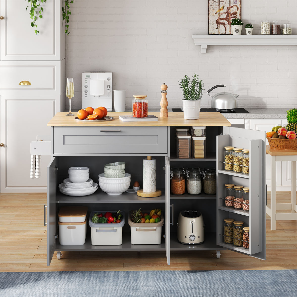 L132.5XW44XH90cm Large Mobile Kitchen Table, Foldable Countertop, Oak Grain, Multifunctional Cabinet, Spice Rack, Towel Rack, 5 Wheels, Suitable For Kitchen Dining Home