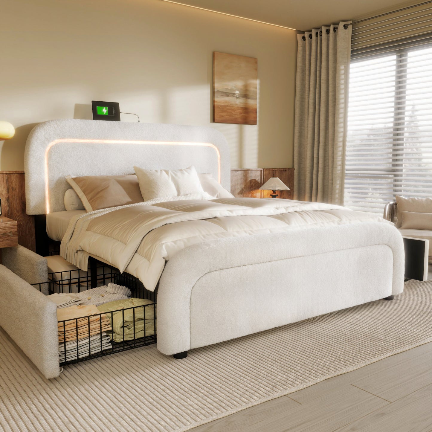Bed Frame With USB Type-C Charging Function, LED Lighting, And 4 Drawers, Double Upholstered Bed 140x200cm, Height-adjustable Headboard, Wooden Slatted Frame, Sherpa White Without Mattress