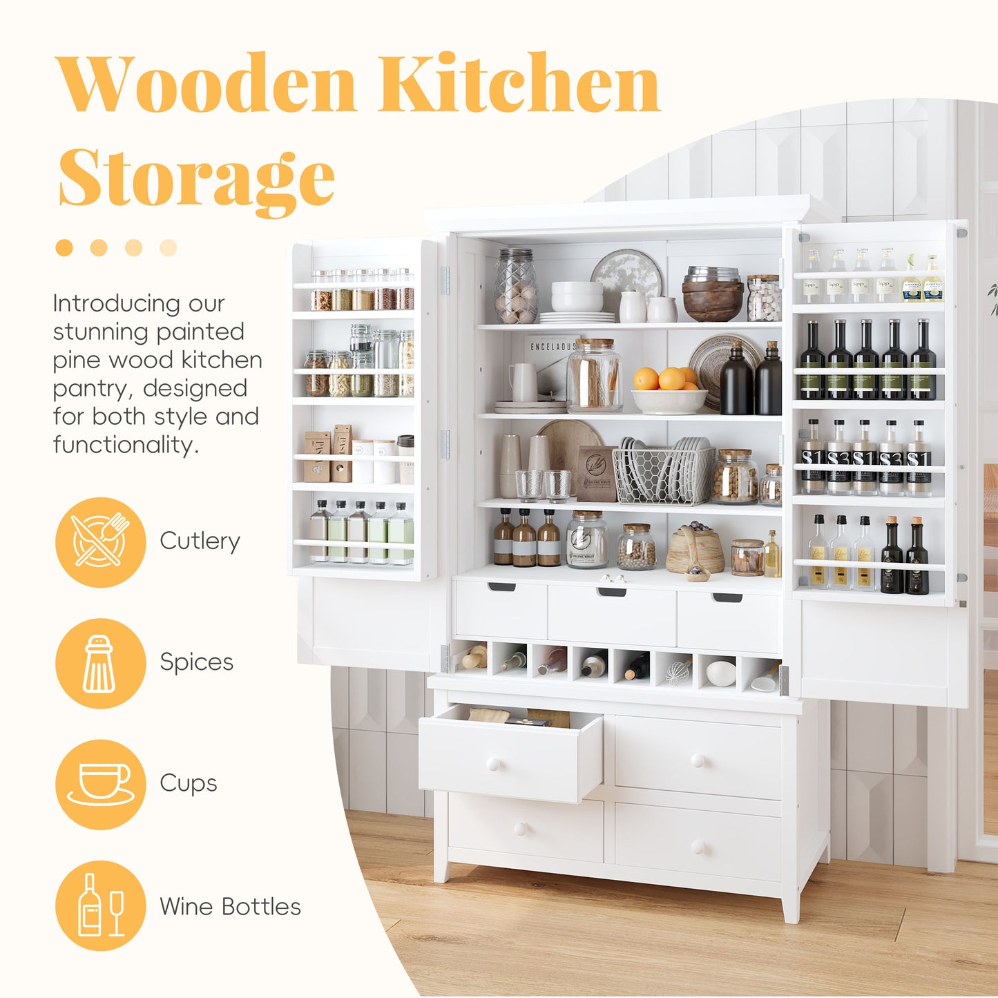TOPMAx Freestanding Large Kitchen Pantry Wooden Kitchen Storage Cabinet Cupboard With 8 Door Shelves 3 Adjustable Shelves 7 Drawers& 8 Wine Racks  White