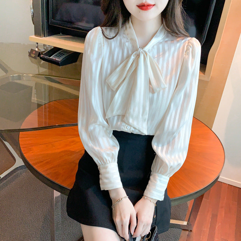 Korean-style Striped Long-sleeve Chiffon Blouse For Women