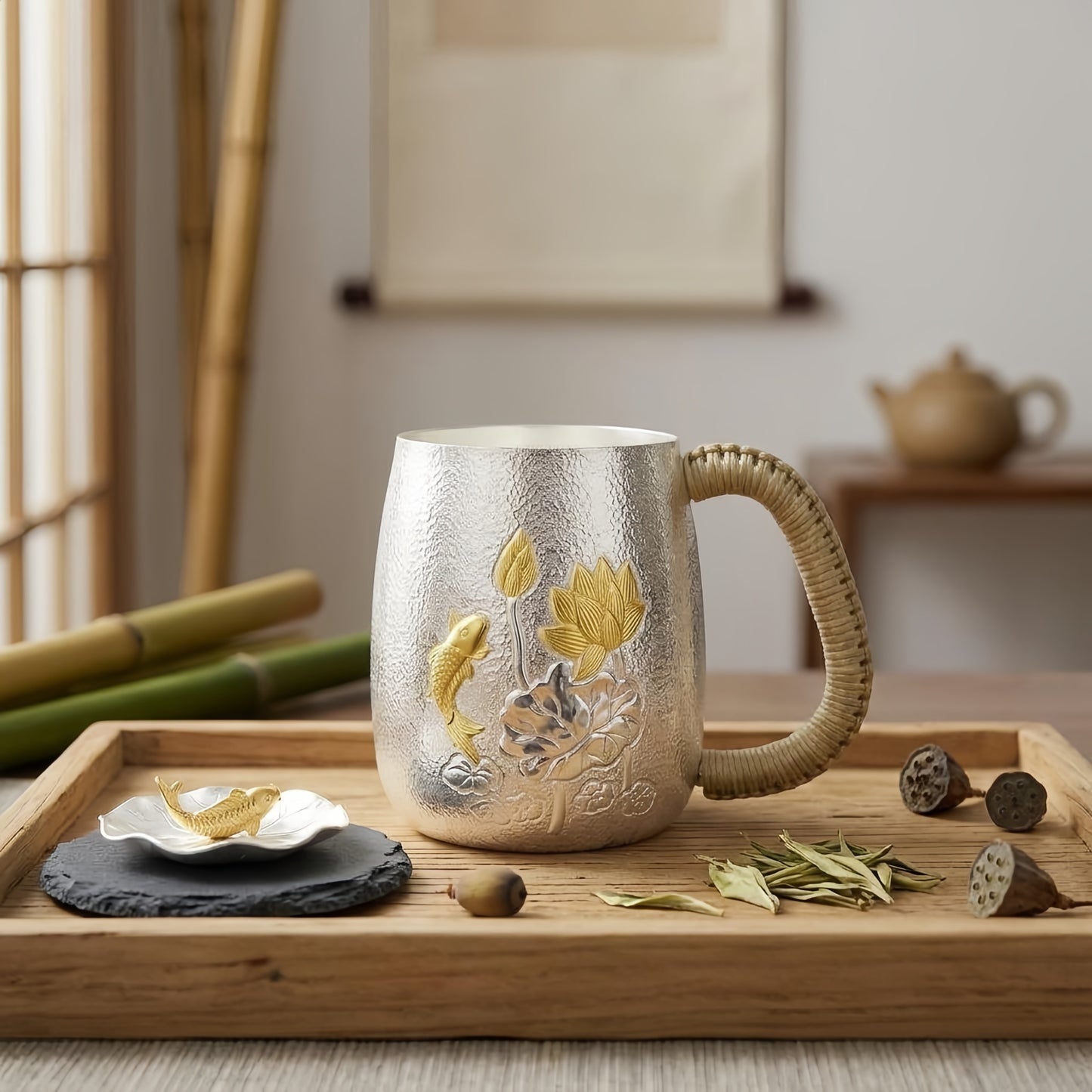 925 Sterling Silver Elegant Hammered Silver Tea Mug Featuring Gilded Lotus and Fish Accents with Woven Handle - Handicraft