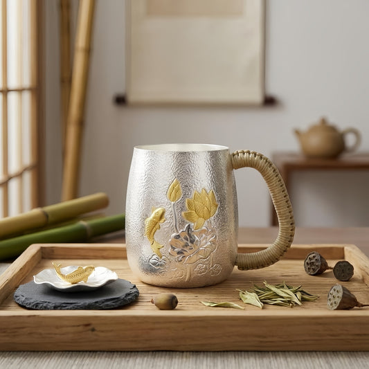 925 Sterling Silver Elegant Hammered Silver Tea Mug Featuring Gilded Lotus and Fish Accents with Woven Handle - Handicraft