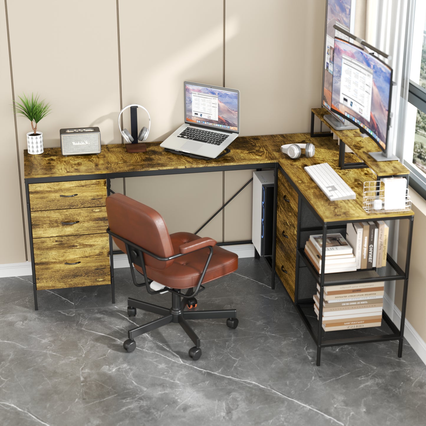 114  L-shaped Desk With Power Hub, Industrial Gaming Desk - 6 Drawers, Removable Monitor Stand, Rustic Brown Home Office