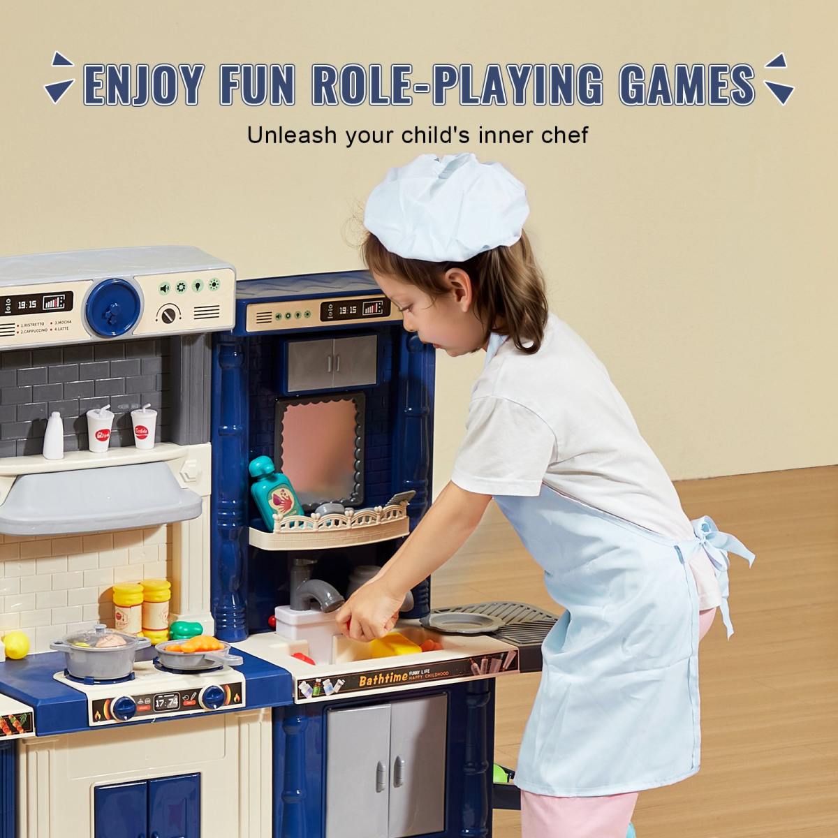 Christmas Gift VEVOR Kitchen Playset Kids Pretend Cooking Play Toy 74 Piece Accessories Blue