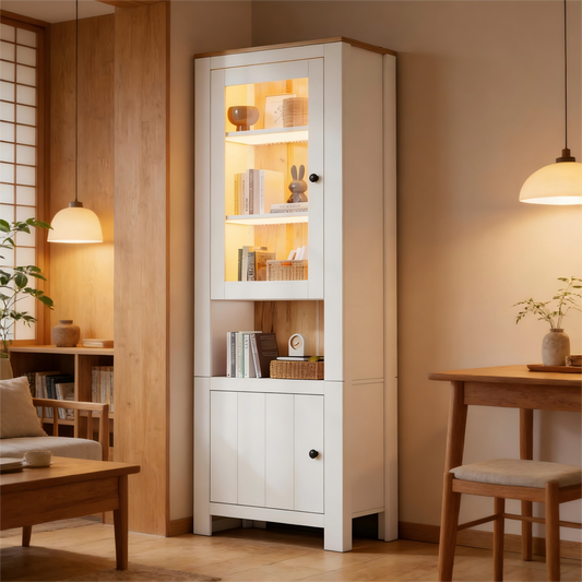 70 X 40 X 188 Cm Tall Cabinet, Freestanding Display Cabinet With 2 Cabinet Doors, Six Shelves, A Back Panel In Natural Wood Look, Adjustable Shelves, Glass Display Case With LED Lighting, White  Natu