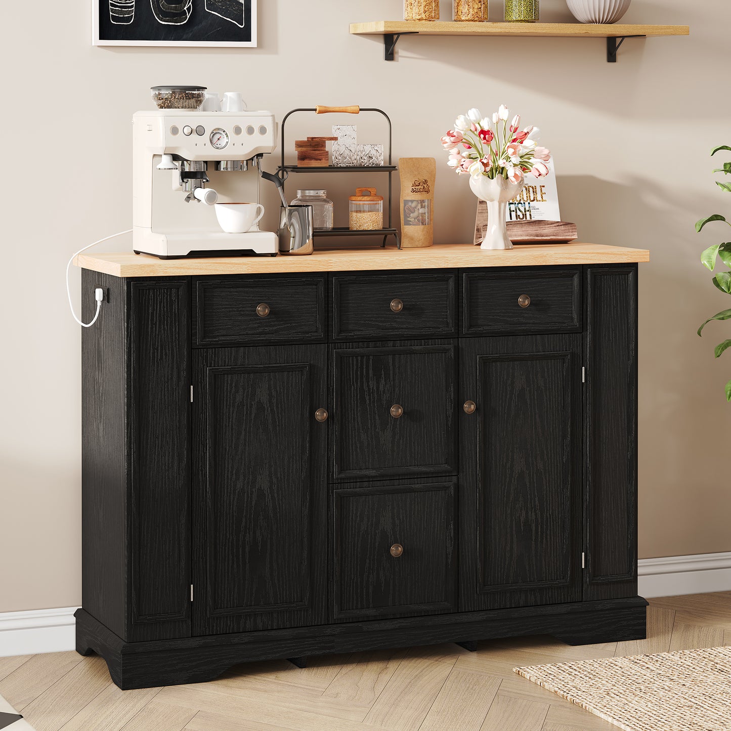 TREXM Sideboard Buffet Cabinet With Storage, Kitchen Console Table With 5 Drawers, 2 Cabinets, Adjustable Shelves, Buffet Server For Dining Room, Living Room, Entryway  Black