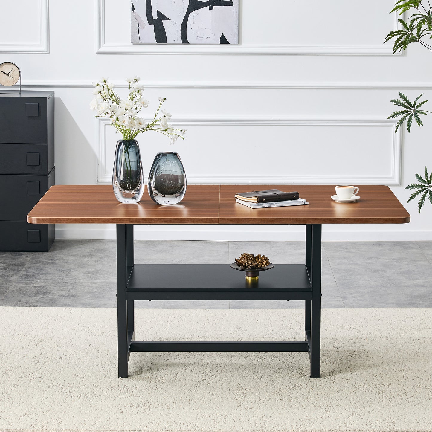 Rectangular Dining Table In Industrial Design In Walnut Colour, 160x90x76 Cm, For 4-6 People, With Multifunctional Storage Shelf And Black Metal Legs. Suitable For Living Room, Kitchen And Dining Area