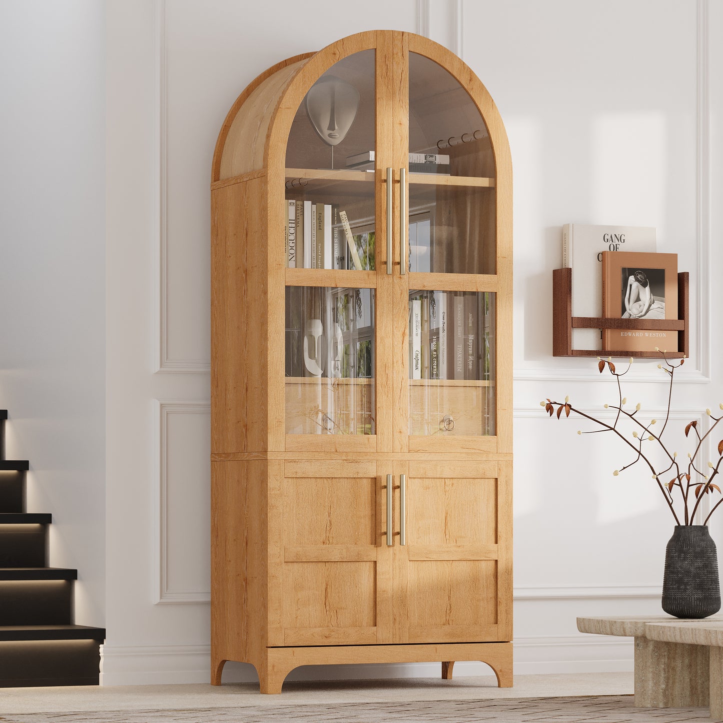 K&K 71  Tall Arched Kitchen Pantry Cabinet With Door Shelves, Farmhouse Kitchen Storage Cabinet With Open & Adjustable Shelves, Hidden Drawer & Glass Door, Cupboard For Kitchen, Dining Room, Natural