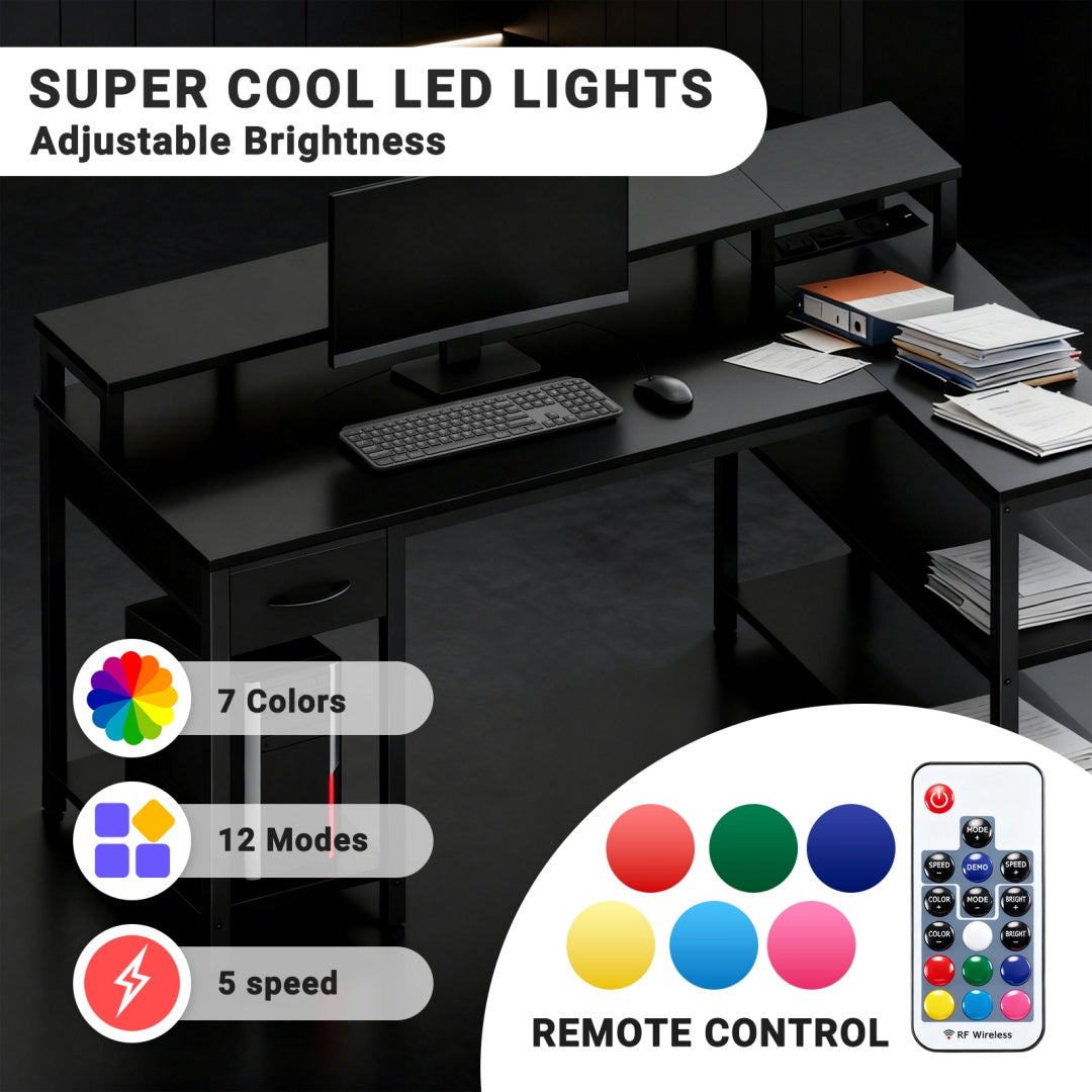 53-inch Gaming Table With USB Charging Port And LED Light, Reversible L-shaped Table With Power Socket And Monitor Stand