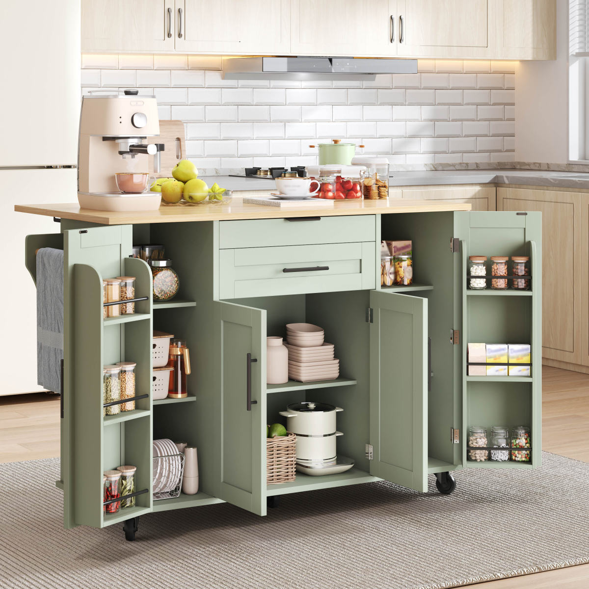120x45cm, Mobile Kitchen Island, Kitchen Trolley, Pull-out Worktop Up To 70cm, Concealed Cutlery Drawer, Adjustable Shelves, Spice Rack And Towel Rail, Suitable For Kitchen, Dining Room Or Living Room