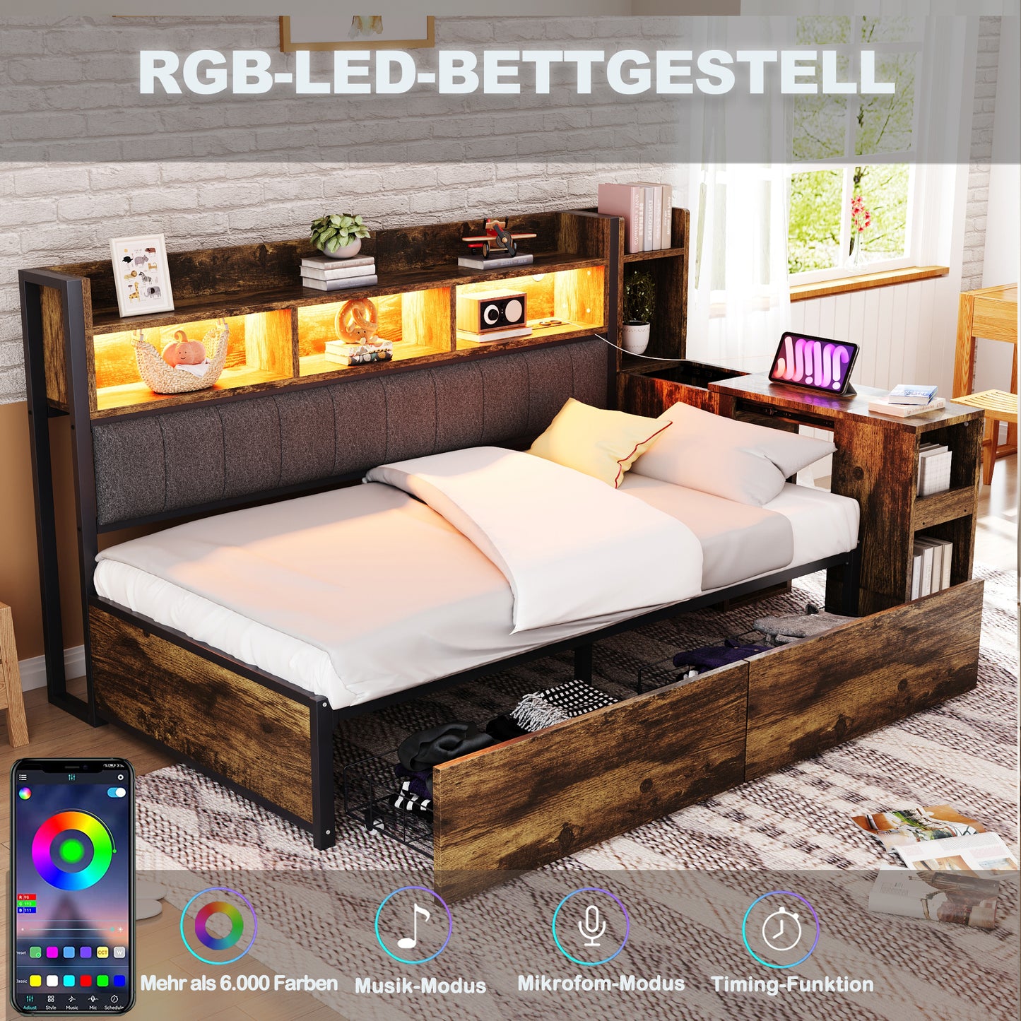Iron Sofa Bed 90 X 200 Cm, With Versatile Storage Compartments & Lockers, Multifunctional Sockets & LED Lighting, Complete With Large Drawers And A Pull-out Desk