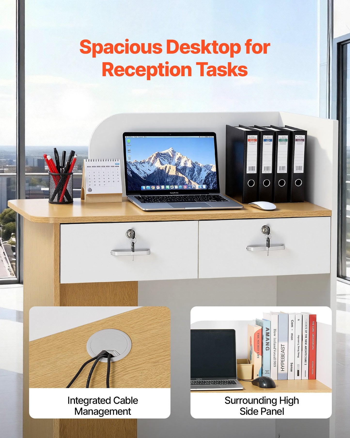 Reception Desk, 31.5 Inch Rectangular Front Counter Table, Modern Office Reception Desk With LED Light, 2 Drawers & Power Outlets, Retail Counter Table For Checkout, Lobby, Beauty Salon, Office