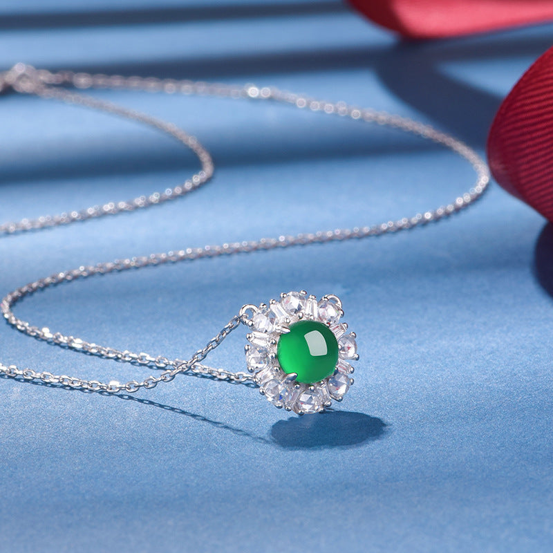 S925 Sterling Silver Necklace 45cm, 6mm Round Green Chrysoprase Pendant, Platinum Plated D Aisy Flower Jewelry For Women With Gift Box