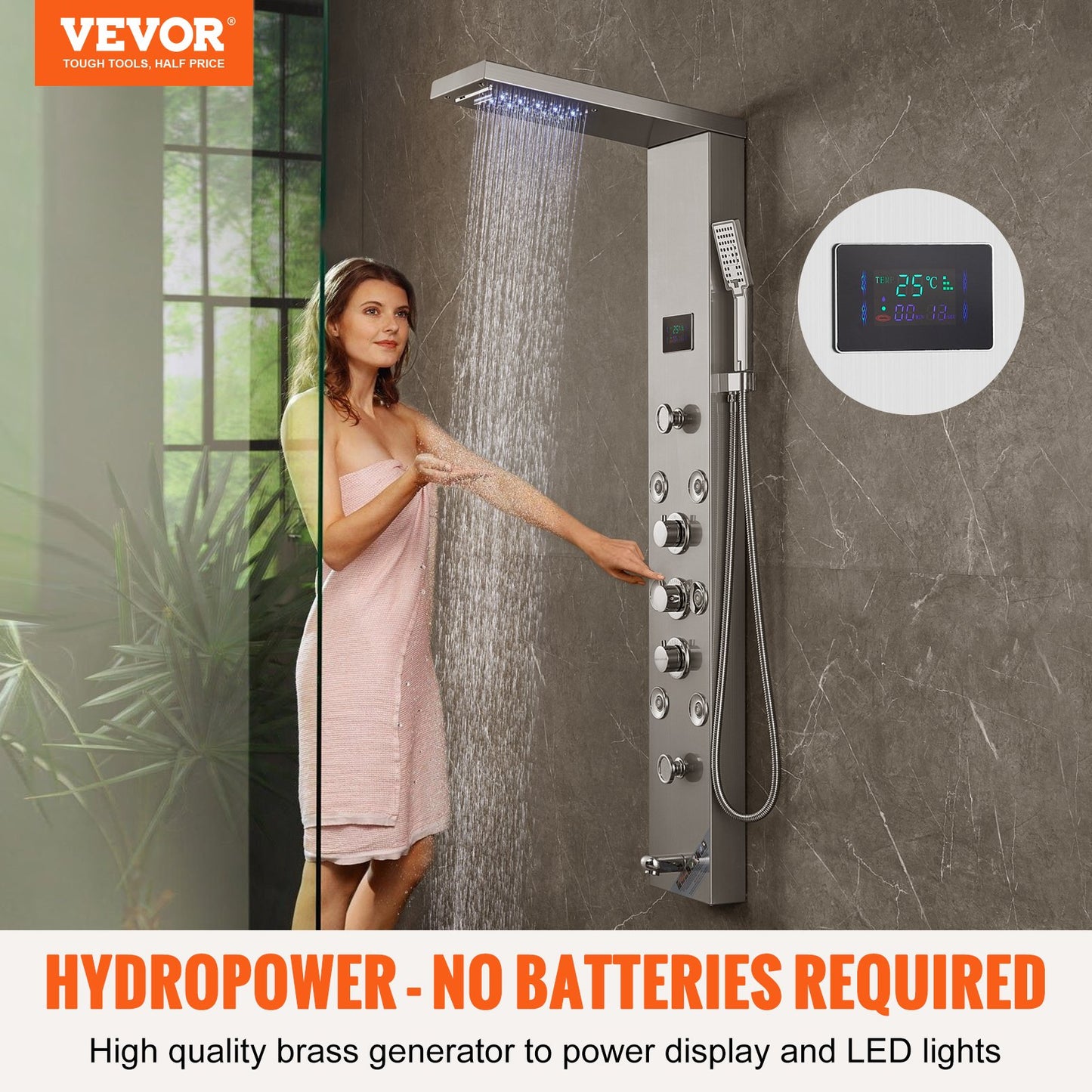 Shower Panel System, 6 Shower Modes, LED & Screen Hydroelectricity Shower Panel Tower, Rainfall, Waterfall, 8 Massage Jets, Tub Spout, Handheld Shower, Stainless Steel Wall-Mounted Shower Set