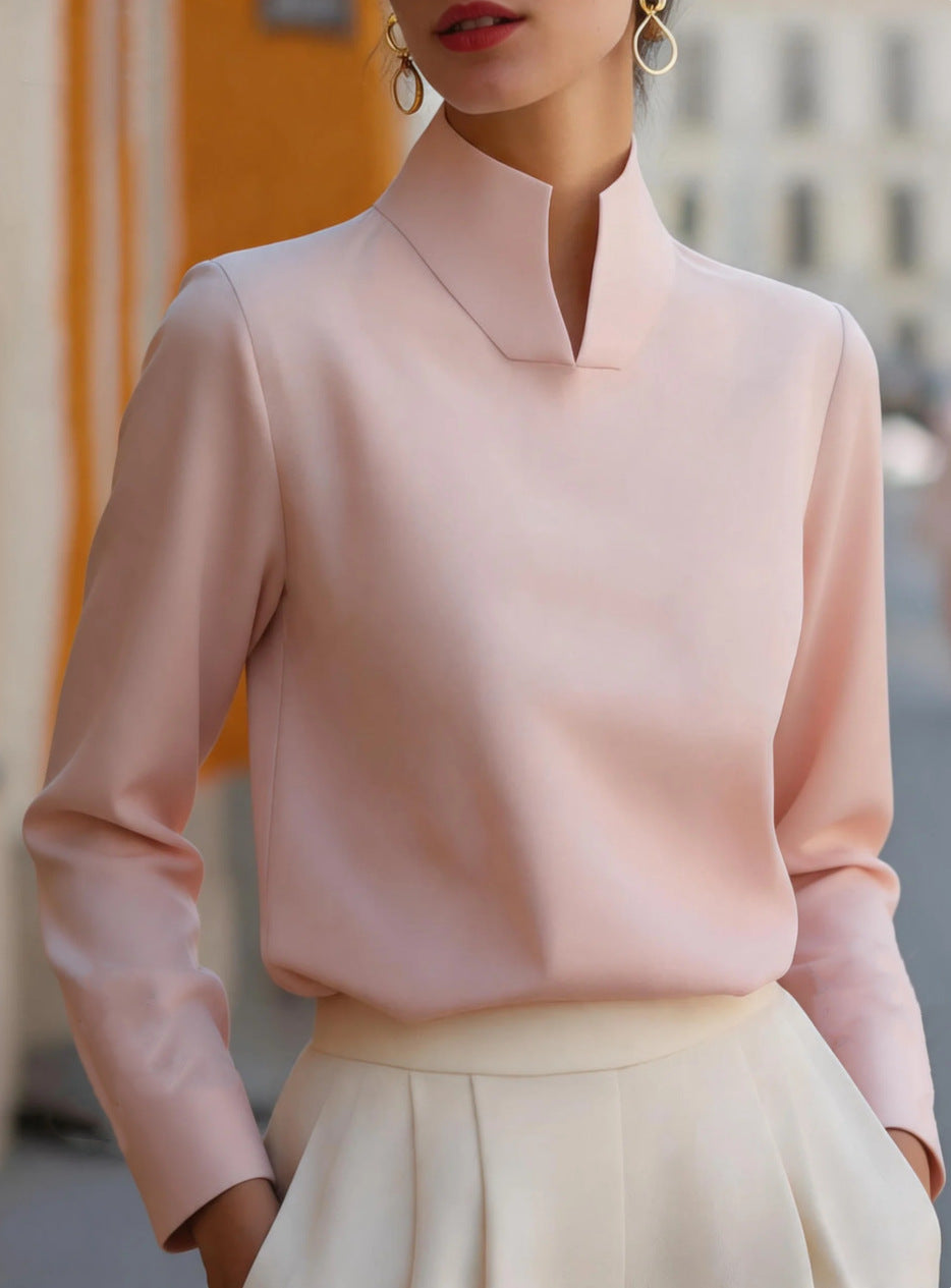 New Chinese-style Mandarin-collar Long-sleeve Blouse Niche Office-chic Top For Women