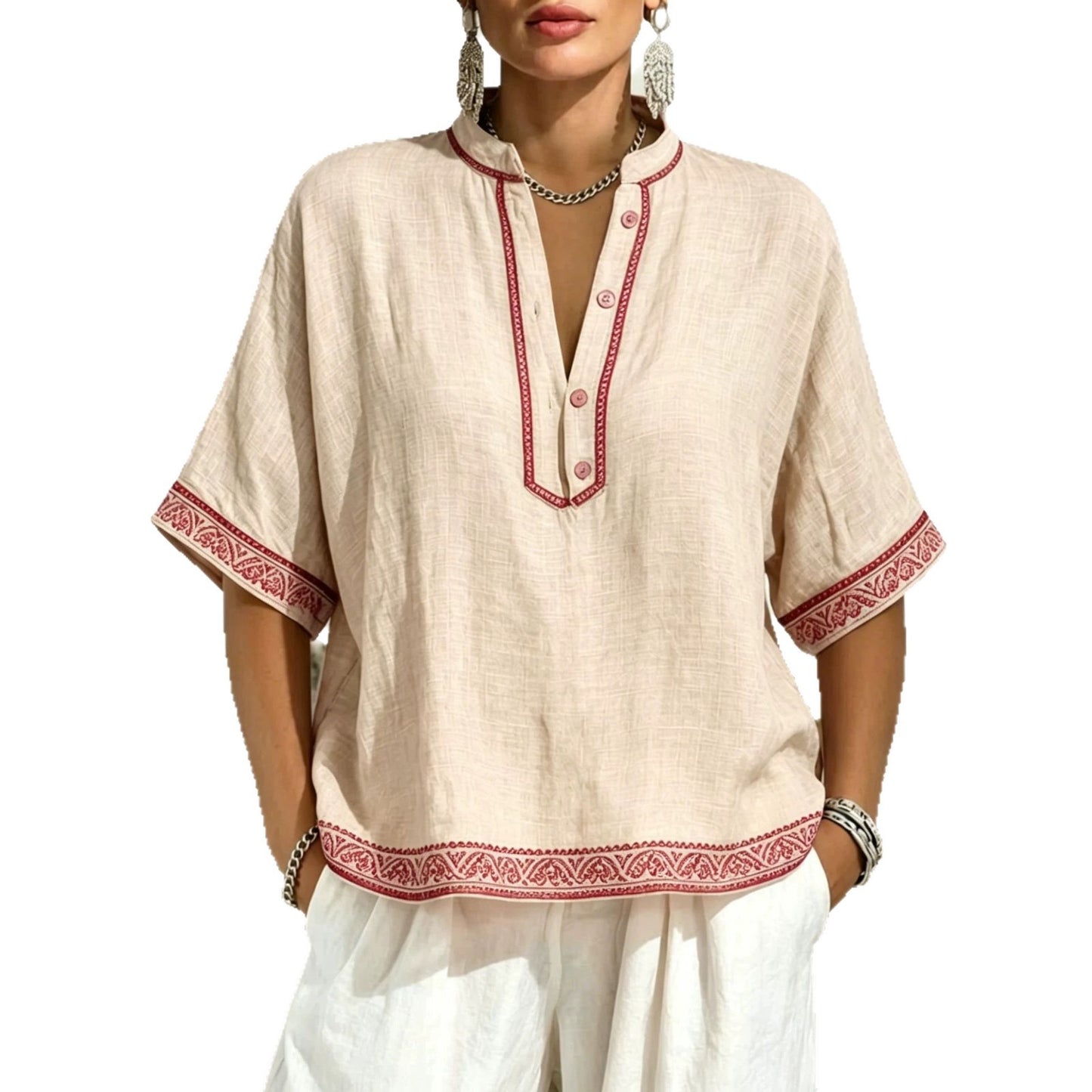 New Stylish Loose-fit V-neck T-shirt With Lace Trim And Buttons