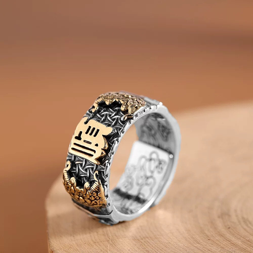 1pcs 925 Sterling Silver Vintage Two-Tone Luck Statement Ring, Chinese Amulet Style, Ideal For Birthdays & Feng Shui Gifts