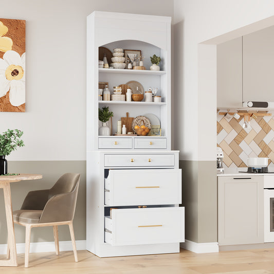 TOPMAx Modern 83.7inch High Kitchen Pantry  Freestanding Tall Kitchen Hutch With Faux Marble Top  Display Cupboard Cabinet With 5 Storage Drawers And Adjustable Shelf  White