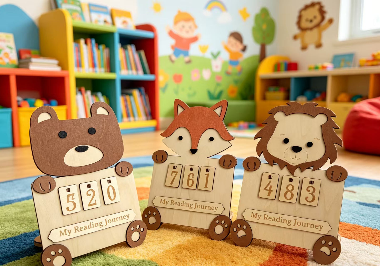 Wooden Animal Reading Tracker Calendar Bear Fox Lion Kids Reading Journey Counting Sign Nursery Decor