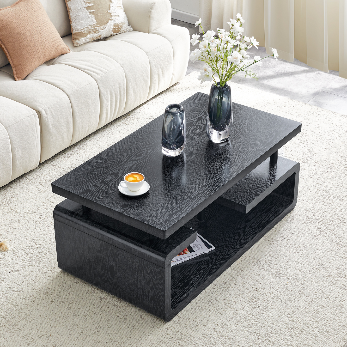 Three-Tier MDF Coffee Table With Black Wood Grain Finish, Modern Multi-Layer Storage Coffee Table Sturdy Frame For Living Room Office