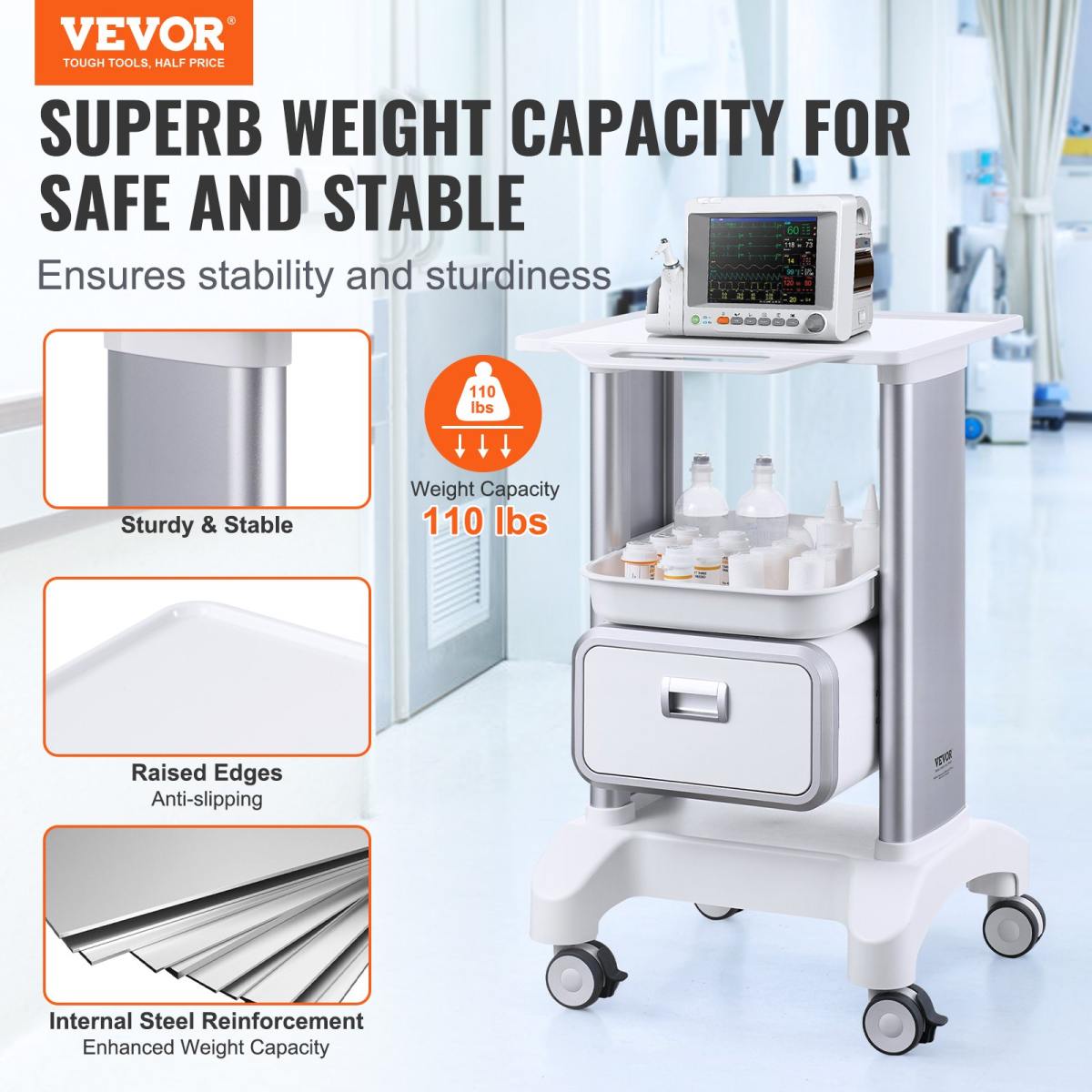 2 Tiers Lab Carts Mobile Medical Cart With 1 Drawer & 1 Top Tray White, Trolley Storage Cart With ABS Material, Lab Rolling Cart With 4 Silent Wheels For Lab, Clinic, Hospital, Salon, Office