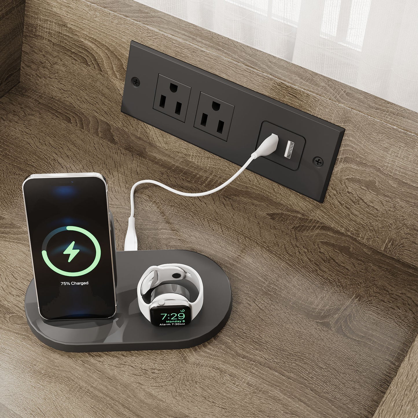 Nightstand With Charging Station Modern Bedside End Side Table With Guardrail Storage Shelf 2 Fabric Drawers USB Ports AC Outlets