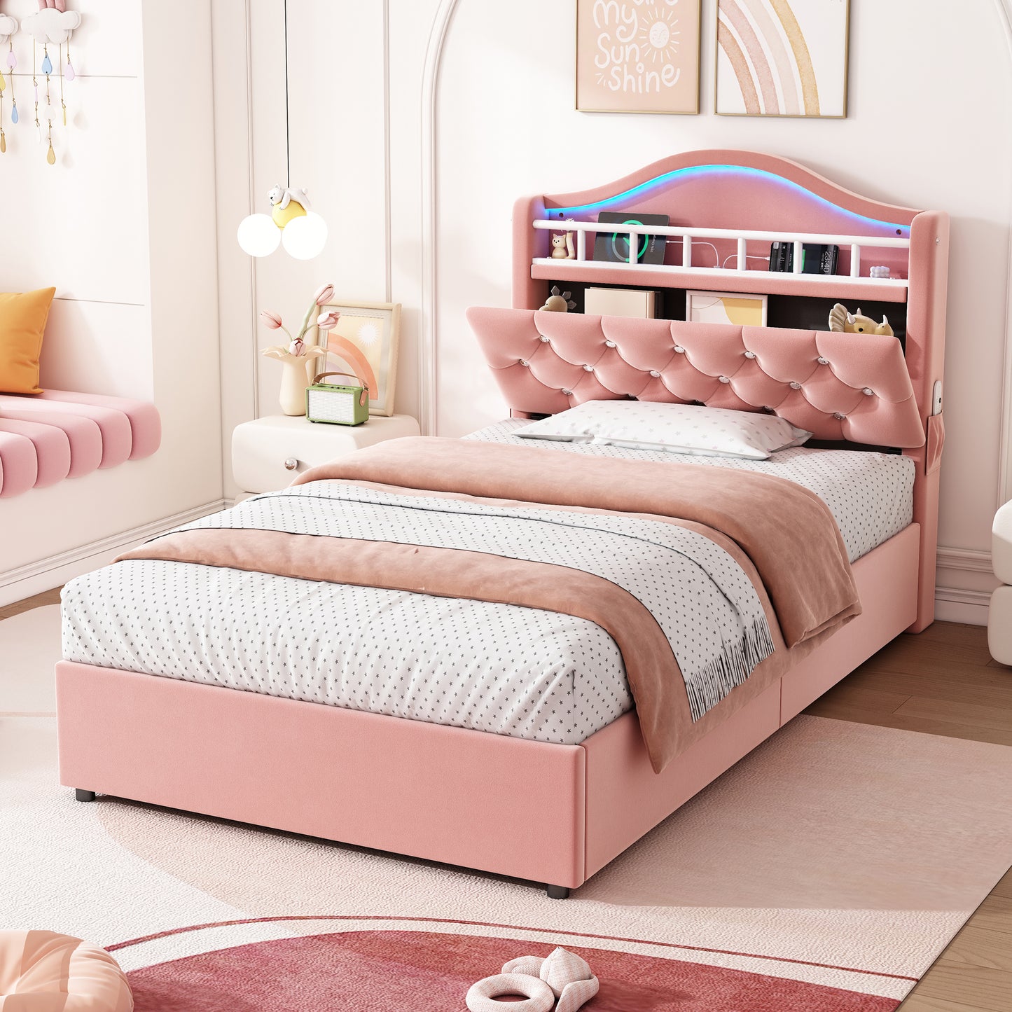 3ft Single Hydraulic Bed In Velvet, LED Bed Frame With Charging Station & Diamond Tufted Headboard, Multi-zone Storage, Solid & Stable Base,   No Mattress