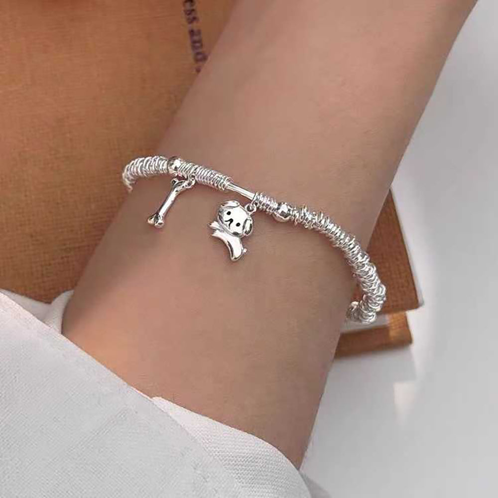 1pcs 925 Sterling Silver Coiled Wire Slide Bracelet With Puppy & Bone Charms, Cute Sweet Style, For Daily Casual Wear & Women Holiday Gifts