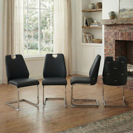 Dining Chairs Set Of 4, Black Faux Leather Kitchen Chairs With Gold Mesh Texture, Silver Back Ring And Chrome Pull Handle, High Back Upholstered Dining Room Chair  Black, Set Of 4