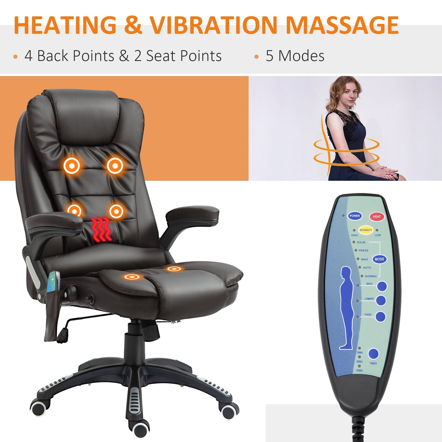 6-Point Massage Office Chair With Seat Heated For Home Office, PU Leather High Back Executive Desk Chair With Adjustable Height And 360° Swivel For Work Study, Brown