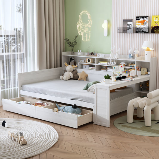 Wooden Full Size Daybed With Storage Shelves, Multi-functional Bed With Two Storage Drawers And  Study Desk, Antique White  Old SKU N733S241486K